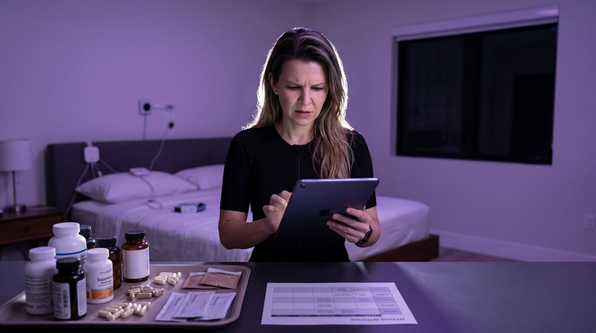 Medical professional reviewing a health chart in a warm, natural wellness setting.