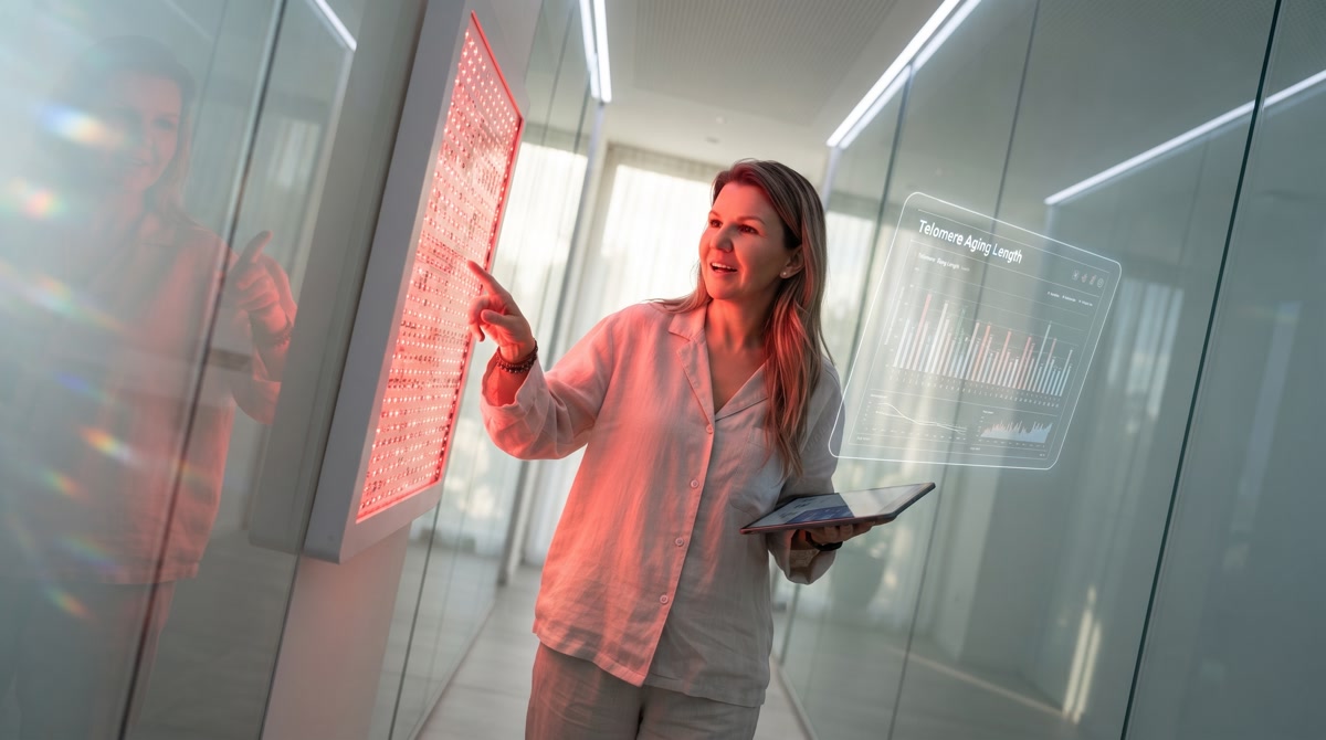 Doctor reviewing healthspan charts in a bright, biophilic wellness office